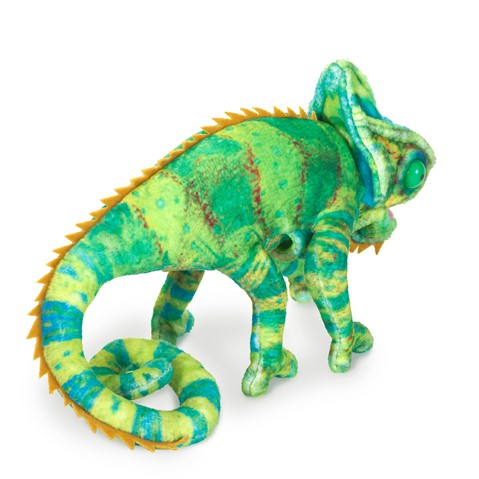 Chameleon Finger Puppet green and orange plush with movable mouth and coiled tail, perfect for ages 3 and up.