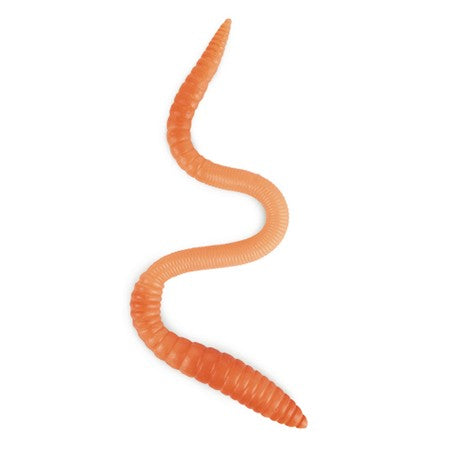 Mega Stretch Worm toy shown in bright orange, flexible and textured for endless stretching fun for ages 3+
