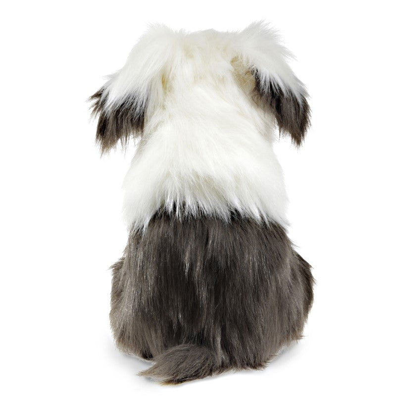 Sheepdog Puppet shown from behind with soft white and gray fur, detailed for lifelike play.