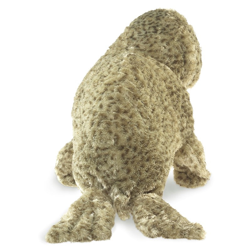 Harbor Seal Puppet showing soft, spotted fur and tail, perfect for imaginative play and coastal-themed fun.