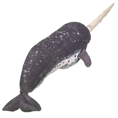 Narwhal Puppet with soft mottle-patterned skin and spiral tusk, 28 inches long, perfect for imaginative play.