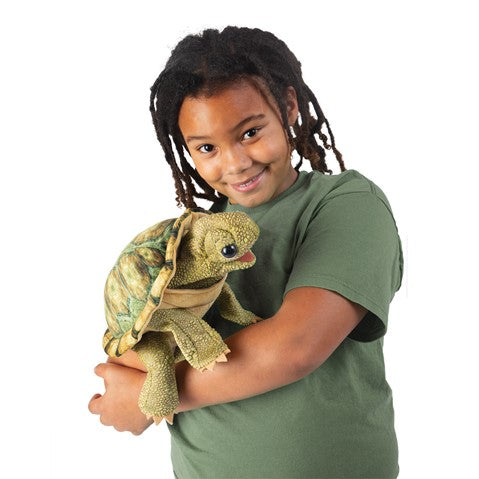 Child holding a lively Tortoise Puppet with movable mouth and forelegs, featuring a stylish printed tortoise shell.