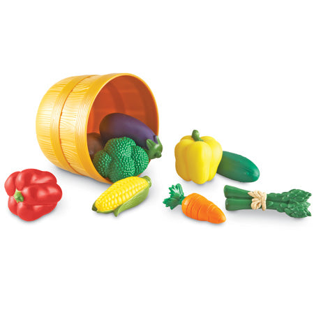 Bushel of Veggies toy set with a basket and soft plastic vegetables for early dramatic play and healthy fun.