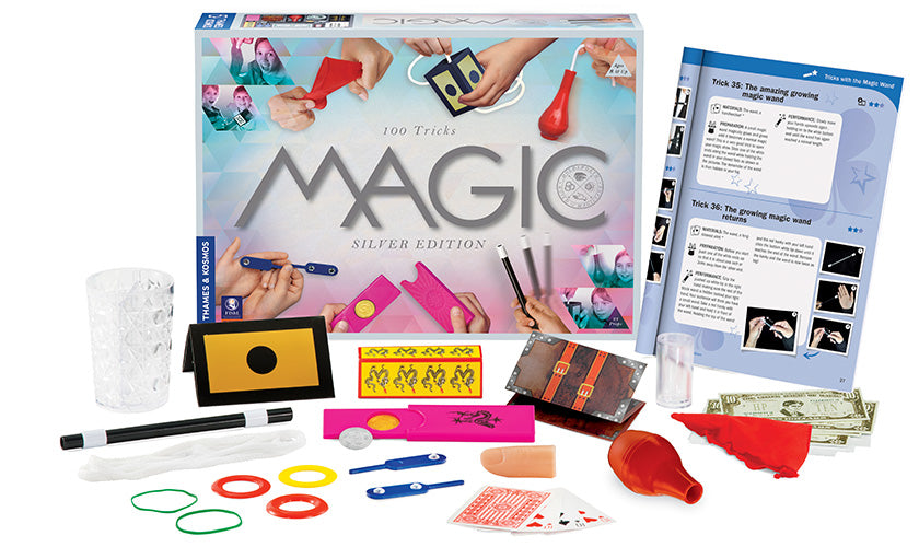 Magic Set Silver Edition with 100 tricks, magic props, instruction book, and colorful accessories for beginner magicians.