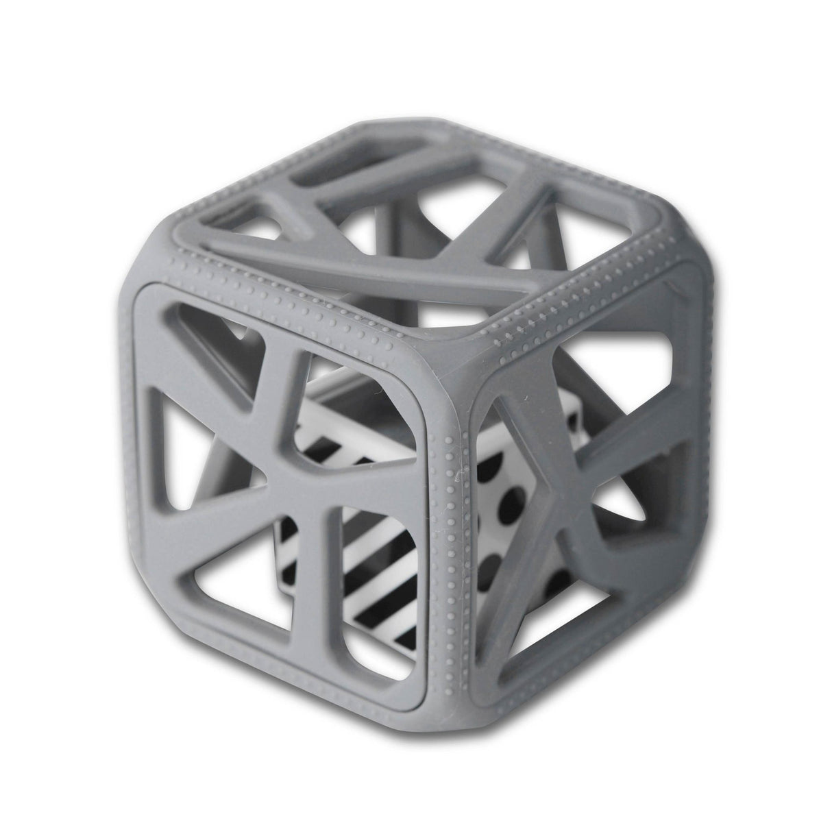 Grey Malarkey Kids Chew Cube with textured edges and flexible holes for teething and gripping skills development.