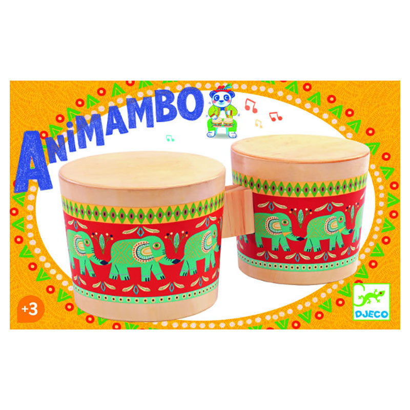 Animambo Bongo Drums with colorful elephant patterns, perfect for introducing kids aged 3+ to music and rhythm.