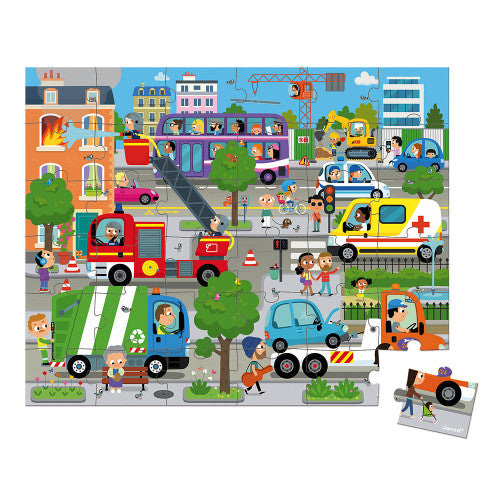 36pc City Suitcase Puzzle showing a colorful city scene with vehicles, people, and buildings in a 36-piece cardboard puzzle.