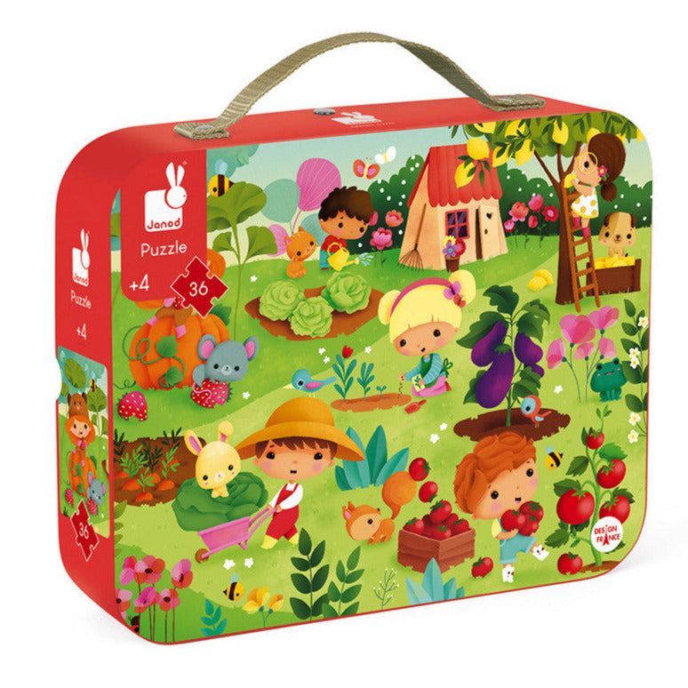36pc My Garden Suitcase Puzzle with colorful vegetable garden scenes in a portable suitcase with fabric handle for kids 4 and up
