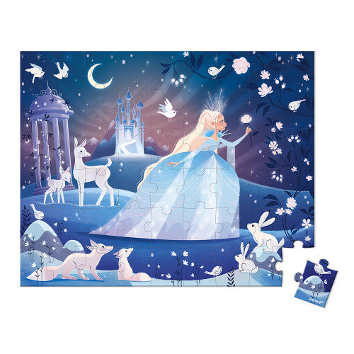 54pc Icy Enchantment Suitcase Puzzle featuring a snow queen in a magical icy landscape with animals and castle.