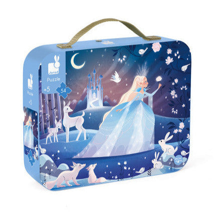 54pc Icy Enchantment Suitcase Puzzle featuring snow queen and animals in a snowy fantasy scene, perfect for kids.