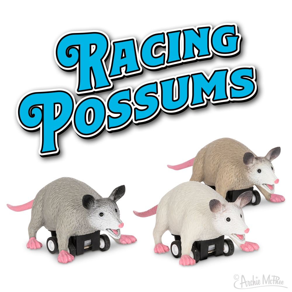 Racing Possum pull-back toy cars shaped like possums in gray, white, and beige with pink tails and wheels.