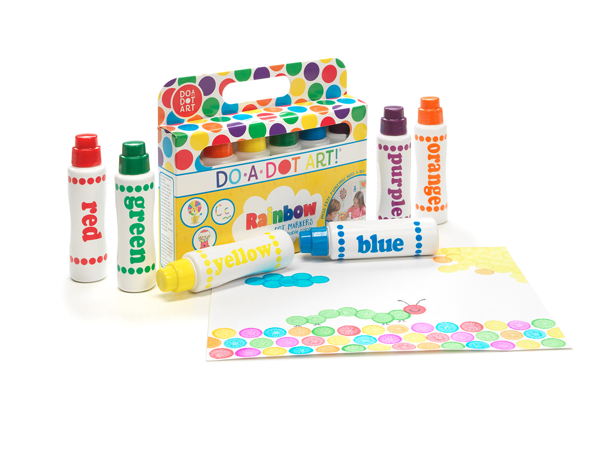 Do A Dot Art! Rainbow Markers set with six colorful washable dot markers and a colorful creative art project.