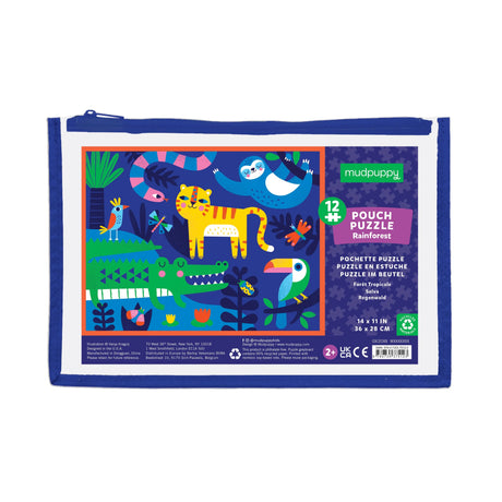 12pc Rainforest Puzzle Pouch with colorful rainforest animals in a reusable zippered pouch for toddlers ages 2-4.