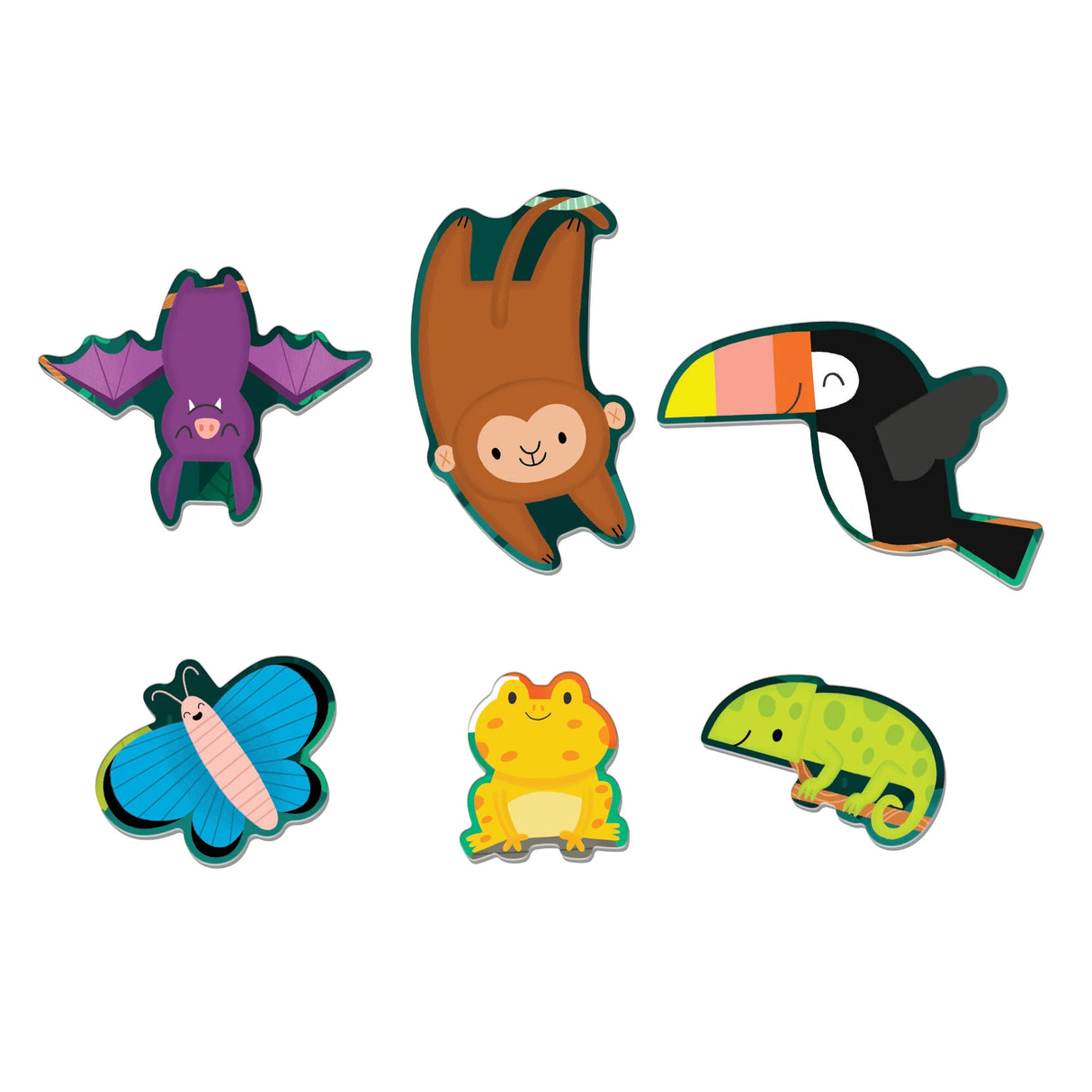 25pc Rainforest Floor Puzzle special shaped pieces featuring a bat, monkey, toucan, butterfly, frog, and chameleon for kids.