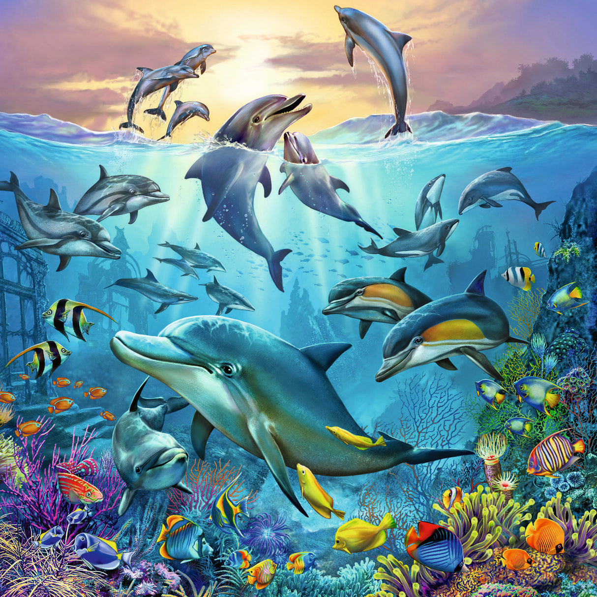 49pc Ocean Life Puzzles showing colorful dolphins and tropical fish in a vibrant underwater ocean scene.