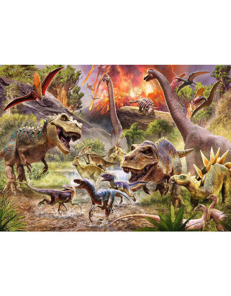 60pc Dinosaur Dash Puzzle featuring colorful dinosaurs in a prehistoric landscape with erupting volcano and lush greenery.