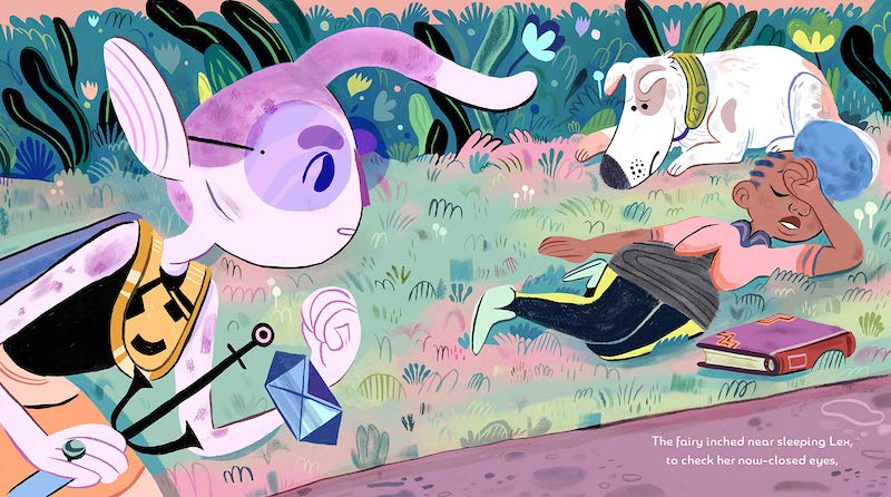 Reading Beauty illustration showing a fairy, sleeping girl Lex, and a dog in a colorful outdoor setting.