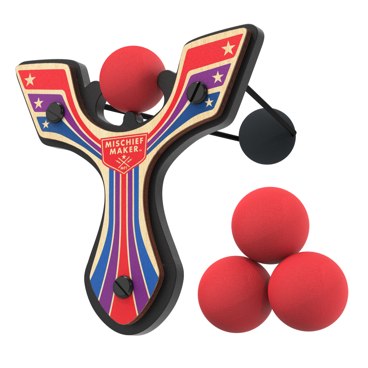 Slingshot Red Winged with colorful wood design and soft red foam balls for safe, classic play and mischief making.