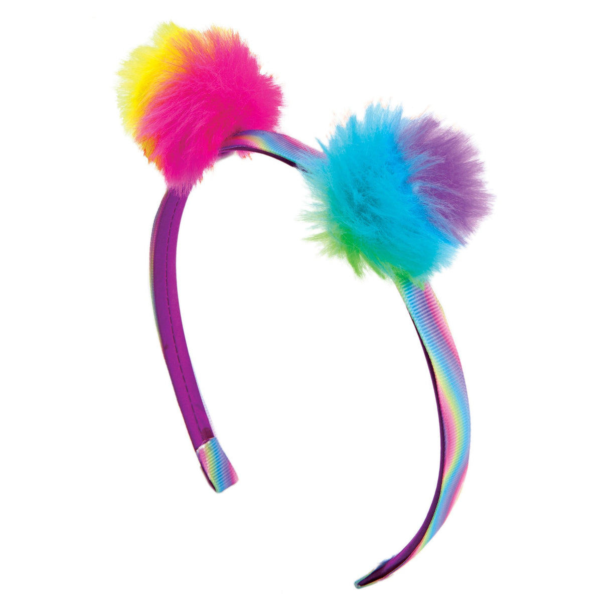 Fashion Headbands featuring fluffy pom poms in bright colors on a rainbow ribbon headband for playful style.
