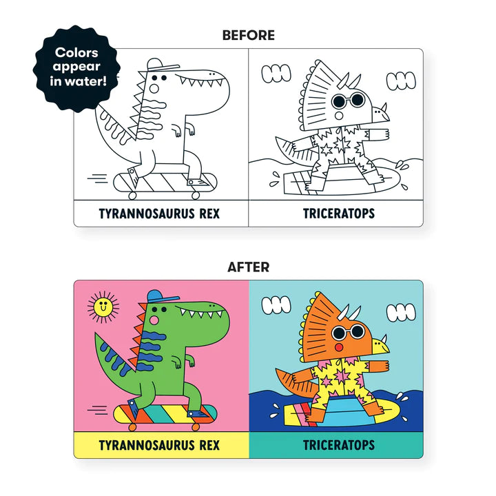 Bath Book Color Magic | Rub a Dub Dinos shows dinosaurs in black and white transforming to colorful with water.
