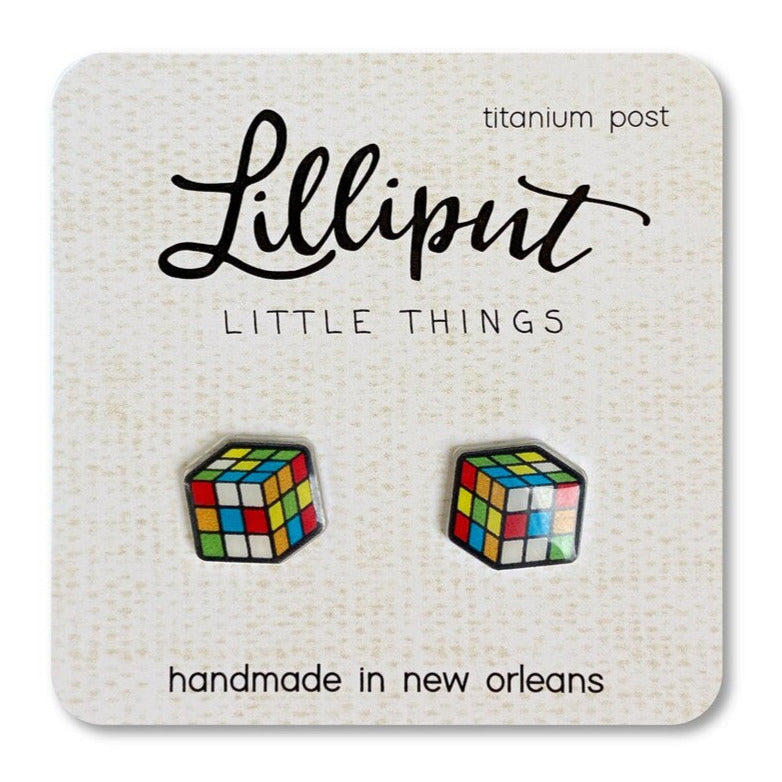 Rubiks Cube Earrings featuring colorful brain teaser cube design on hypoallergenic titanium posts with soft plastic backs.