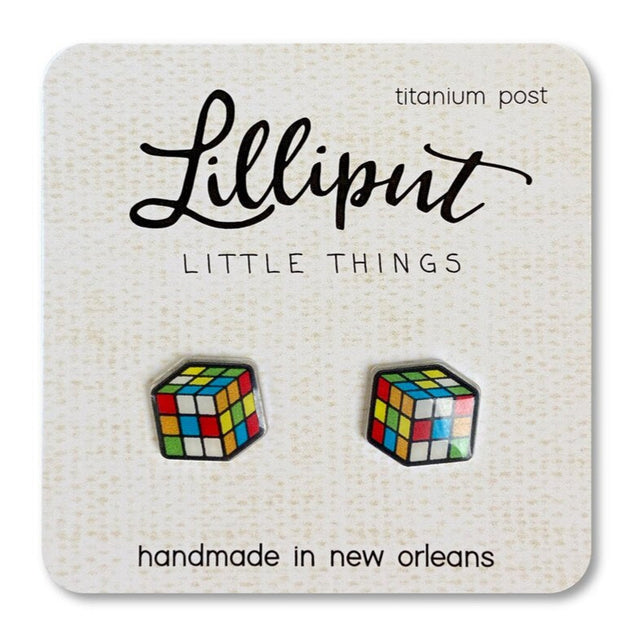 Rubiks Cube Earrings featuring colorful brain teaser cube design on hypoallergenic titanium posts with soft plastic backs.