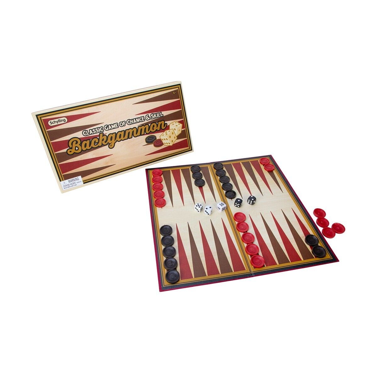 Backgammon classic board game with red and black movers, dice, and doubling die for players ages 6 and up.