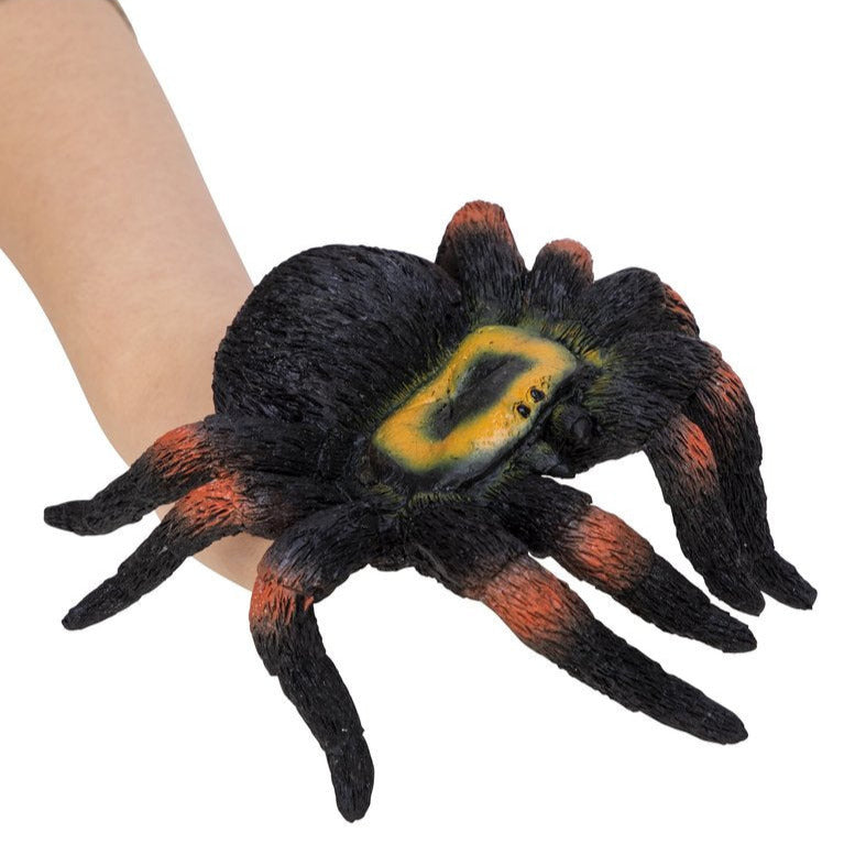 Spider Rubber Puppet showing detailed black and orange spider design worn on hand for fun and scare purposes.