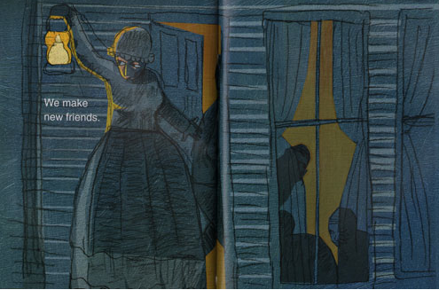 Underground shows a woman holding a lantern at a doorway, welcoming shadowed figures inside at night.