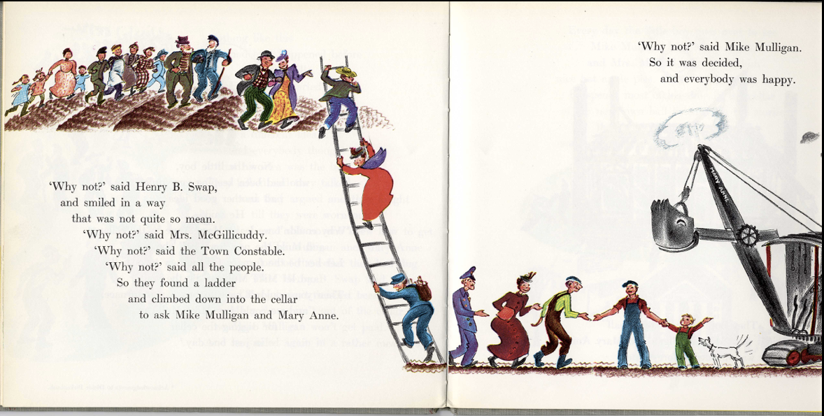 Mike Mulligan and His Steam Shovel illustration showing townspeople climbing a ladder to meet Mike and Mary Anne.