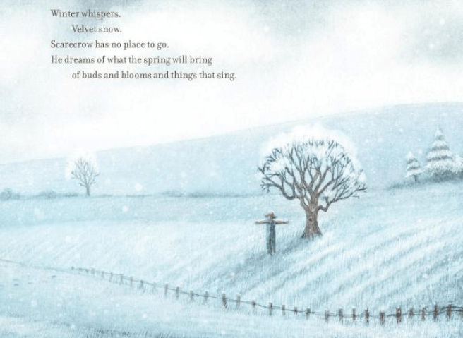 The Scarecrow picture book illustration of a snowy field with a scarecrow dreaming of spring.
