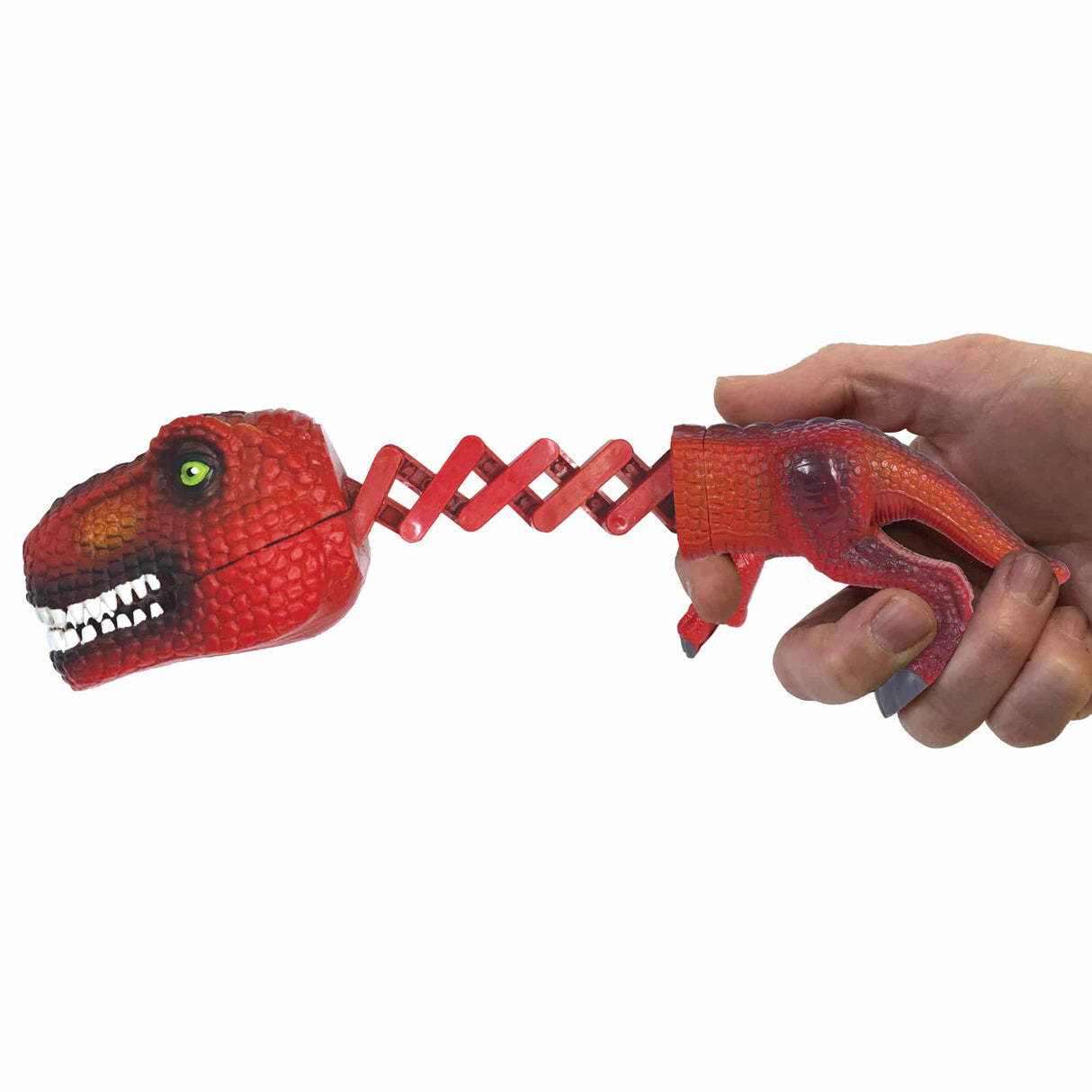 Shark vs Dino Chompers toy in red with extendable neck and chomping jaws held in hand for playful fun.