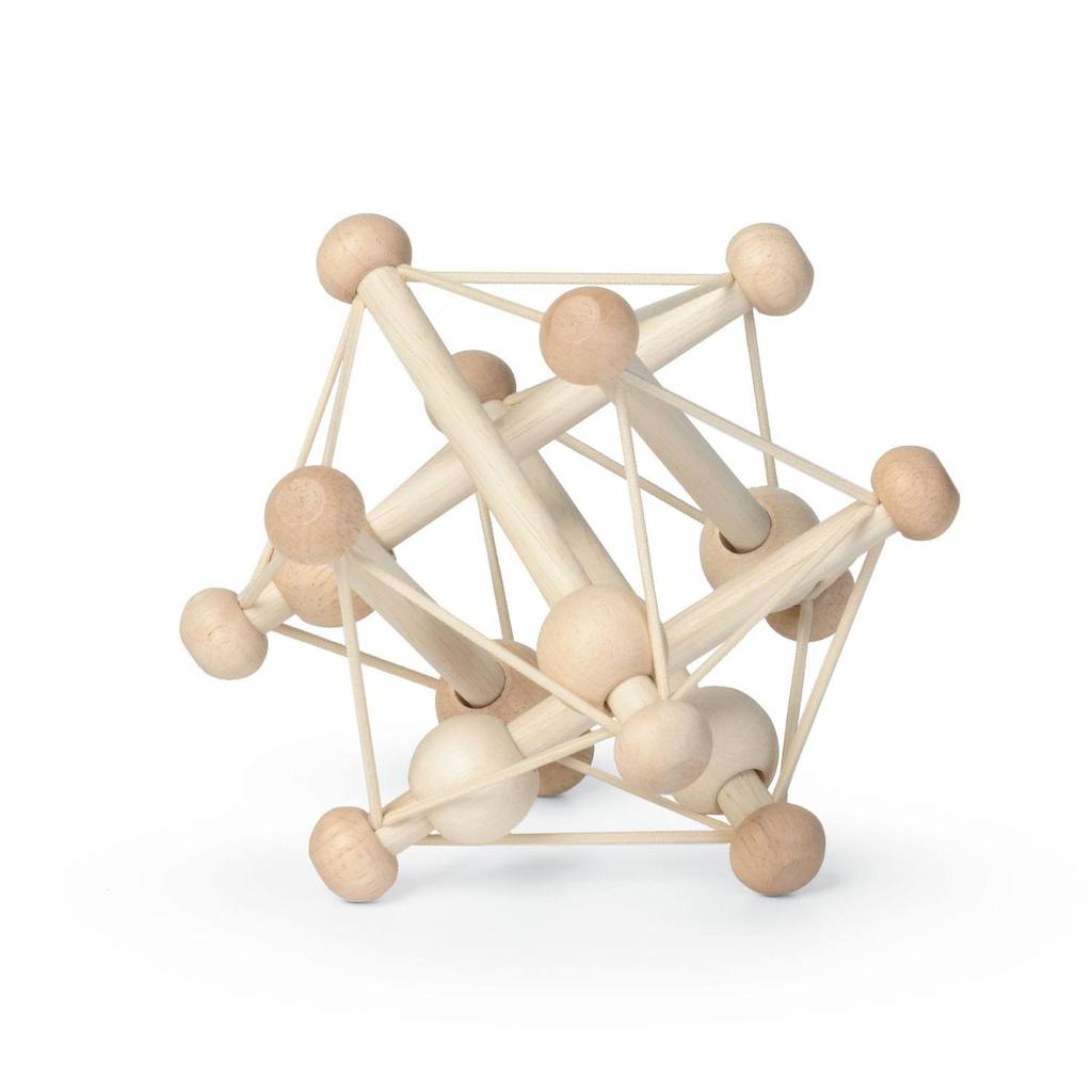 Natural Skwish wooden baby toy with rods, beads, and strings that twist and bounce back to shape.