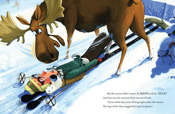 Learning to Ski with Mr Magee shows Mr Magee and Dee stuck under a moose on snowy skis in a winter scene.