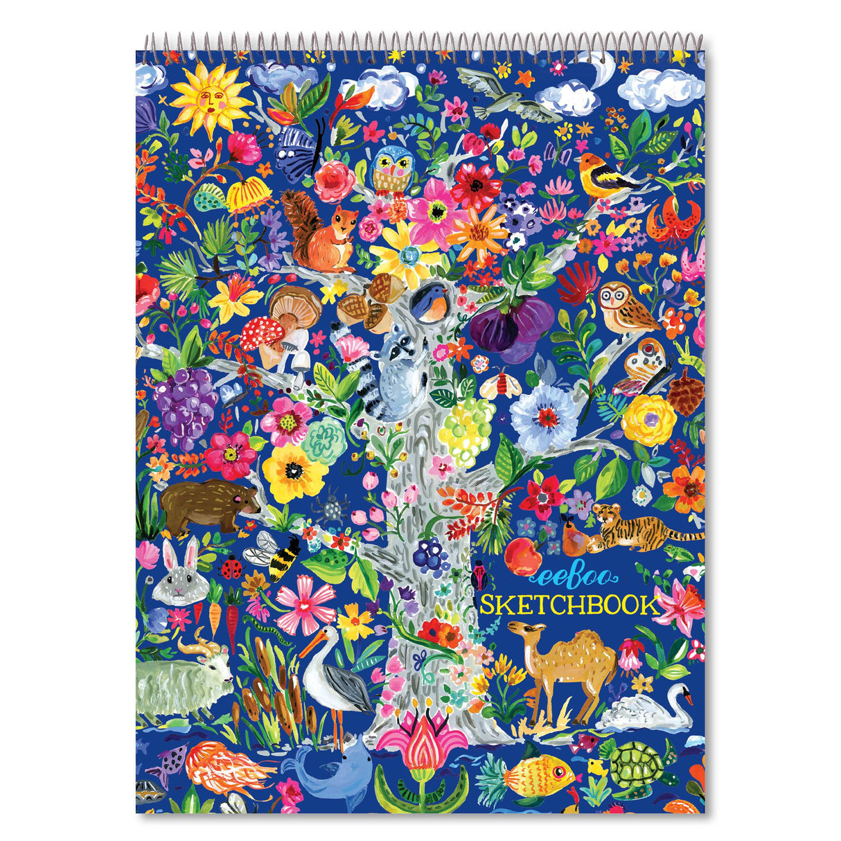 Tree of Life Sketchbook with vibrant animal and floral illustrations, spiral-bound with 60 matte pages, 8.5" x 11" size.
