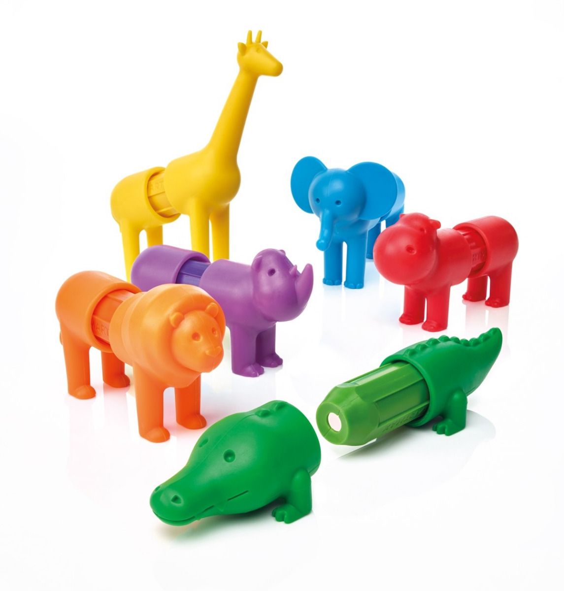 Smartmax My First Safari Animals colorful magnetic animal toys including giraffe, elephant, lion, rhino, hippo, and crocodile.