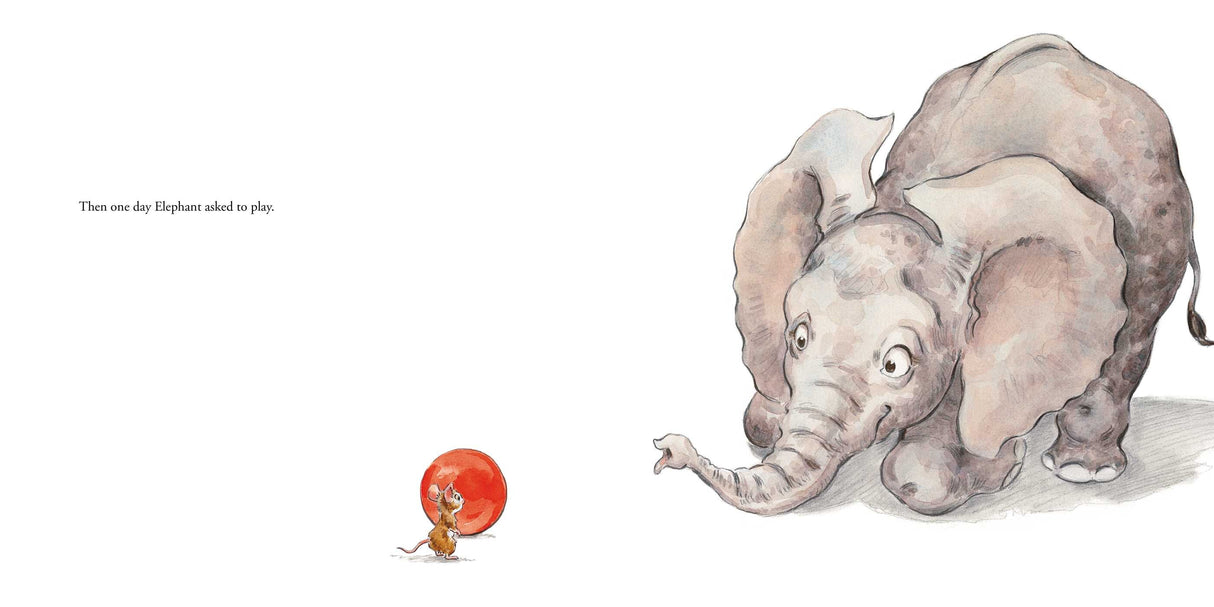 Something Beautiful shows Elephant and Mouse with a red ball, capturing friendship and playfulness.