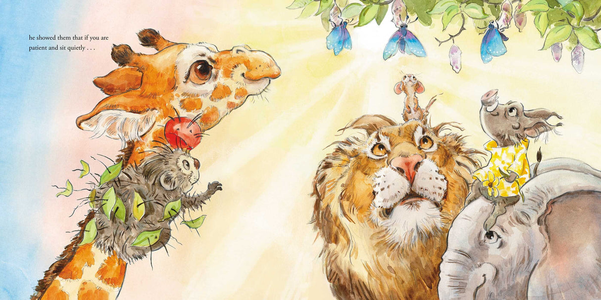 Illustration from Something Beautiful showing a giraffe, owl, tiger, elephant, and mouse looking up together in friendship.
