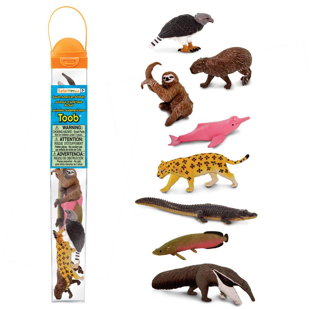 TOOB | South American Animals with detailed minifigures of jaguar, sloth, harpy eagle, anteater, capybara, arapaima, boto, and black caiman.