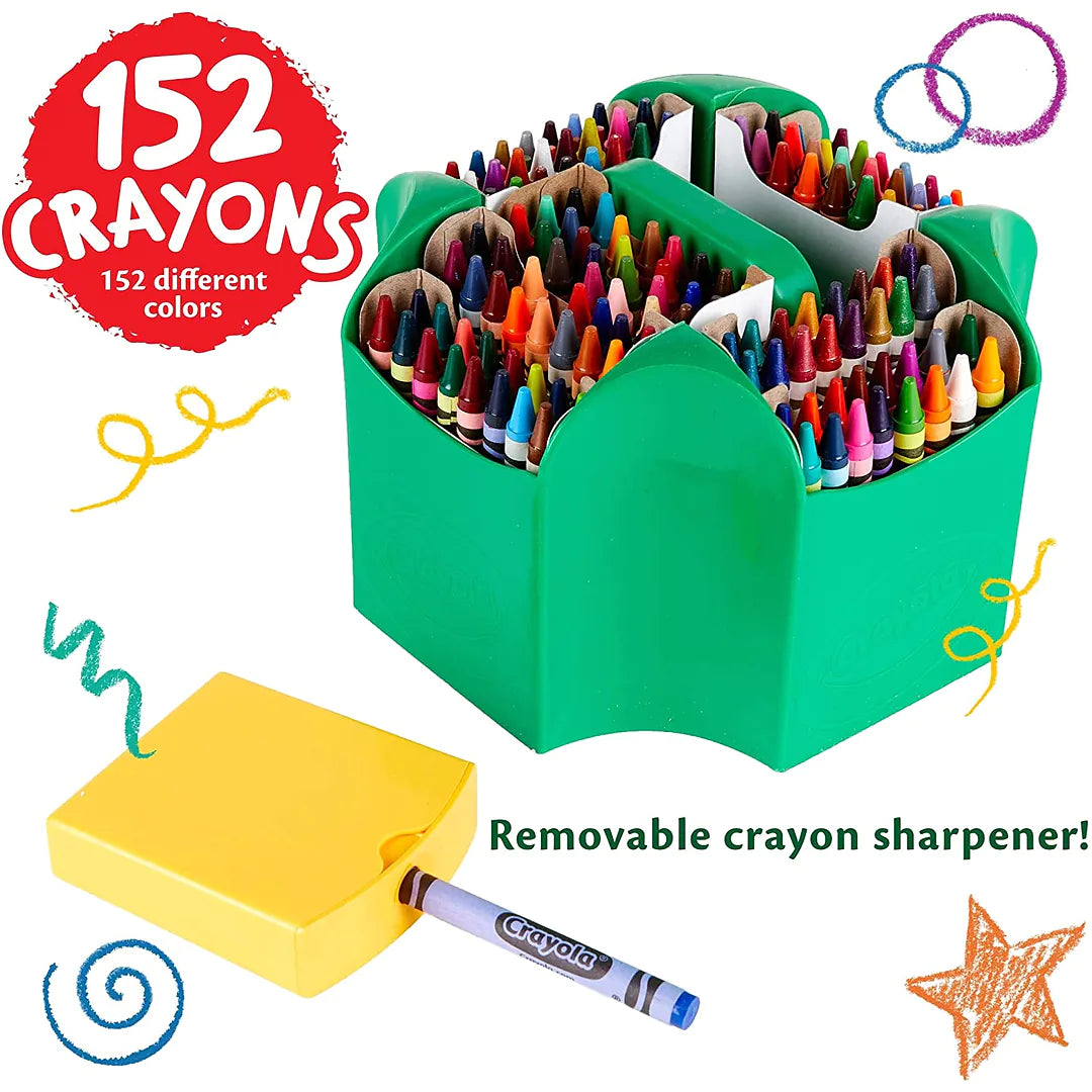Ultimate Crayon Collection with 152 vibrant crayons in a green four-sided case and removable yellow sharpener included.