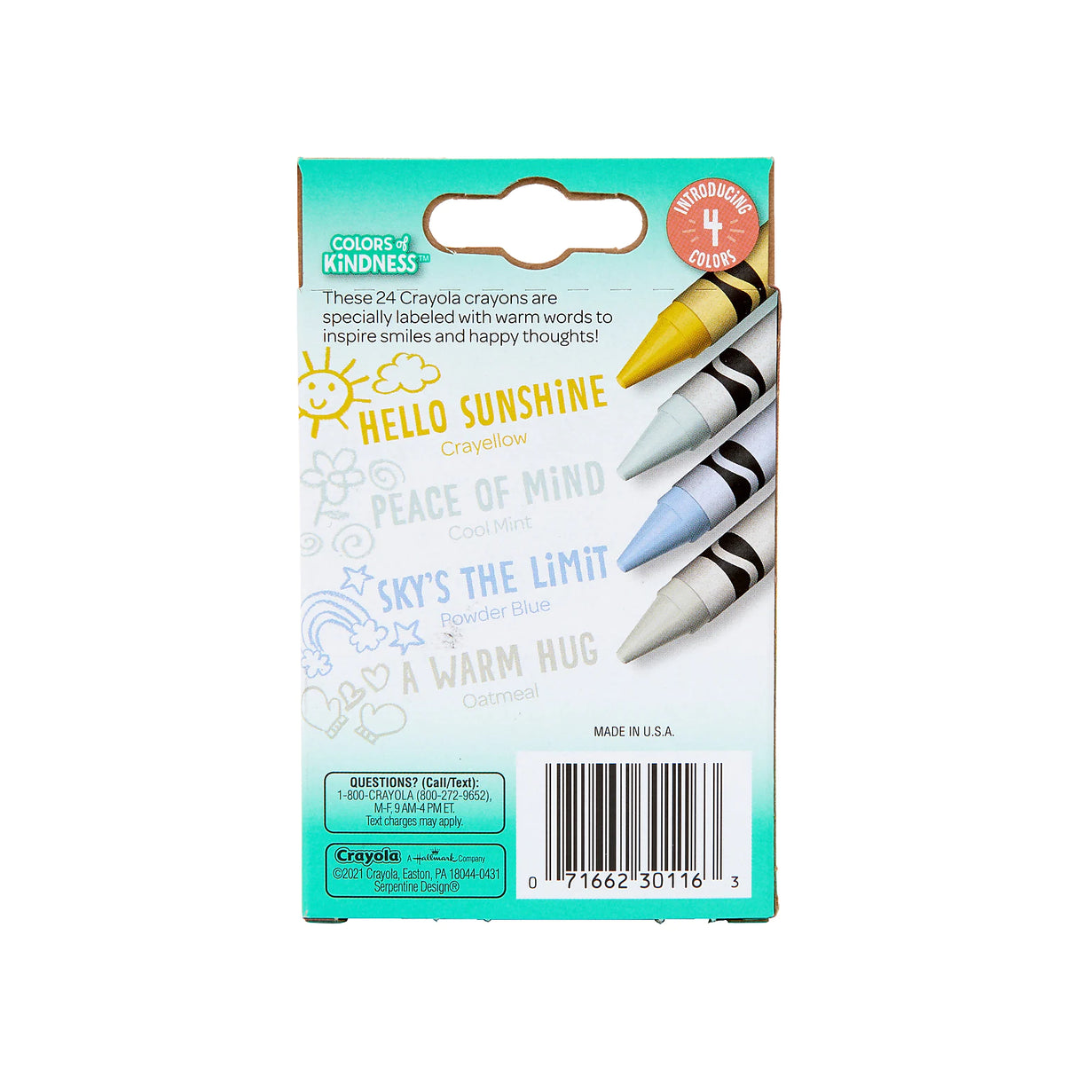 Colors of Kindness: Crayons 24 Pack showing four new colors with kind words on a flip-top box back.