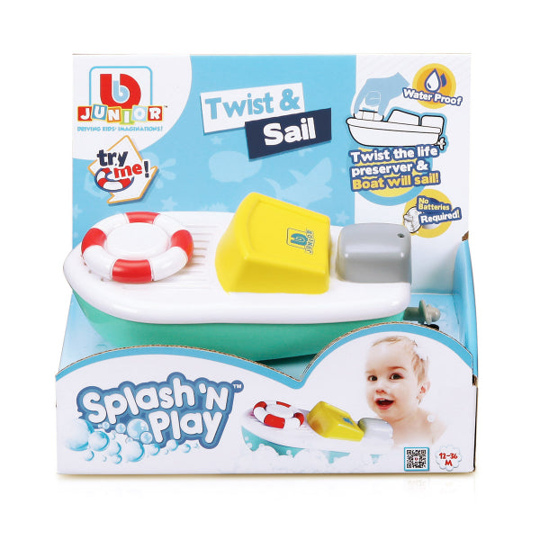 Twist n Sail Boat by BB Junior, a fun bath toy with a twistable life buoy that sails in water for kids 12 months and up.
