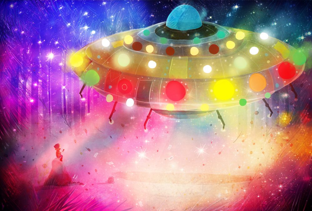 Lights on Wonder Rock shows a glowing UFO with colorful lights descending near a figure in a magical, starry forest.