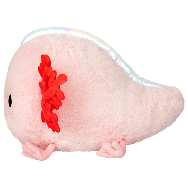 Soft plush Baby Axolotl toy with pink body and red gills, perfect for kids ages 3 and up.