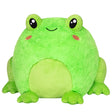 Frog plush toy made of polyester fiber, bright green with big eyes, cute smile, and soft squishy texture.