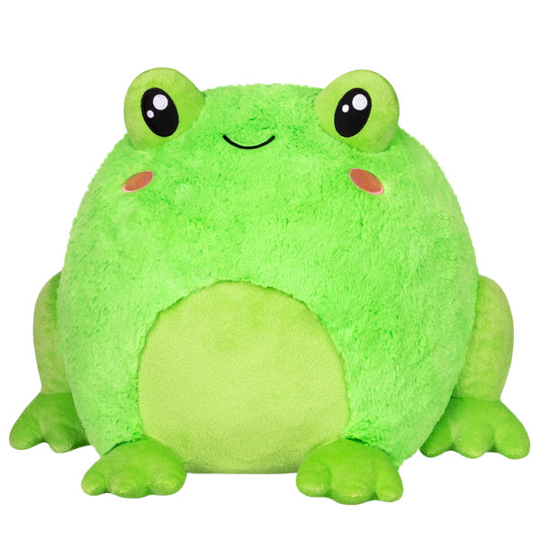 Frog plush toy made of polyester fiber, bright green with big eyes, cute smile, and soft squishy texture.