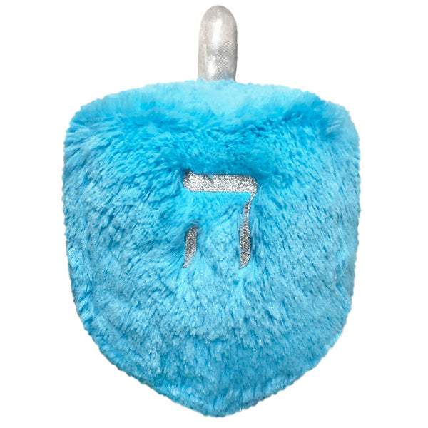 Soft blue furry dreidel toy with silver top and Hebrew letter, Dreidel Mini for ages 3 and up.