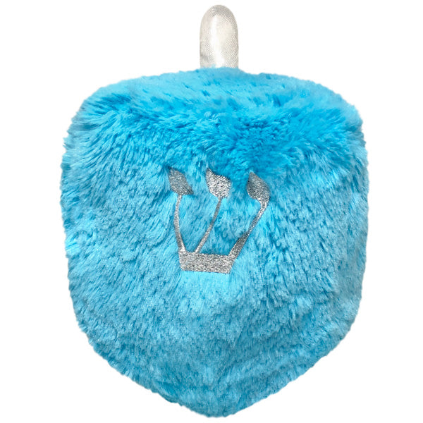 Soft blue furry Dreidel Mini with silver Hebrew letters and a handle, perfect for cuddling and fun play.