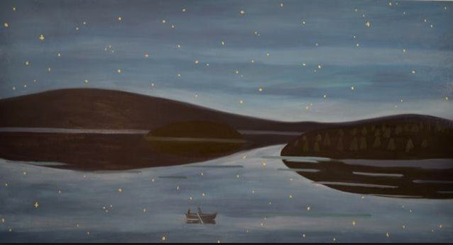 Calm night with stars over a peaceful lake and two people in a boat in the Time of Wonder illustration.