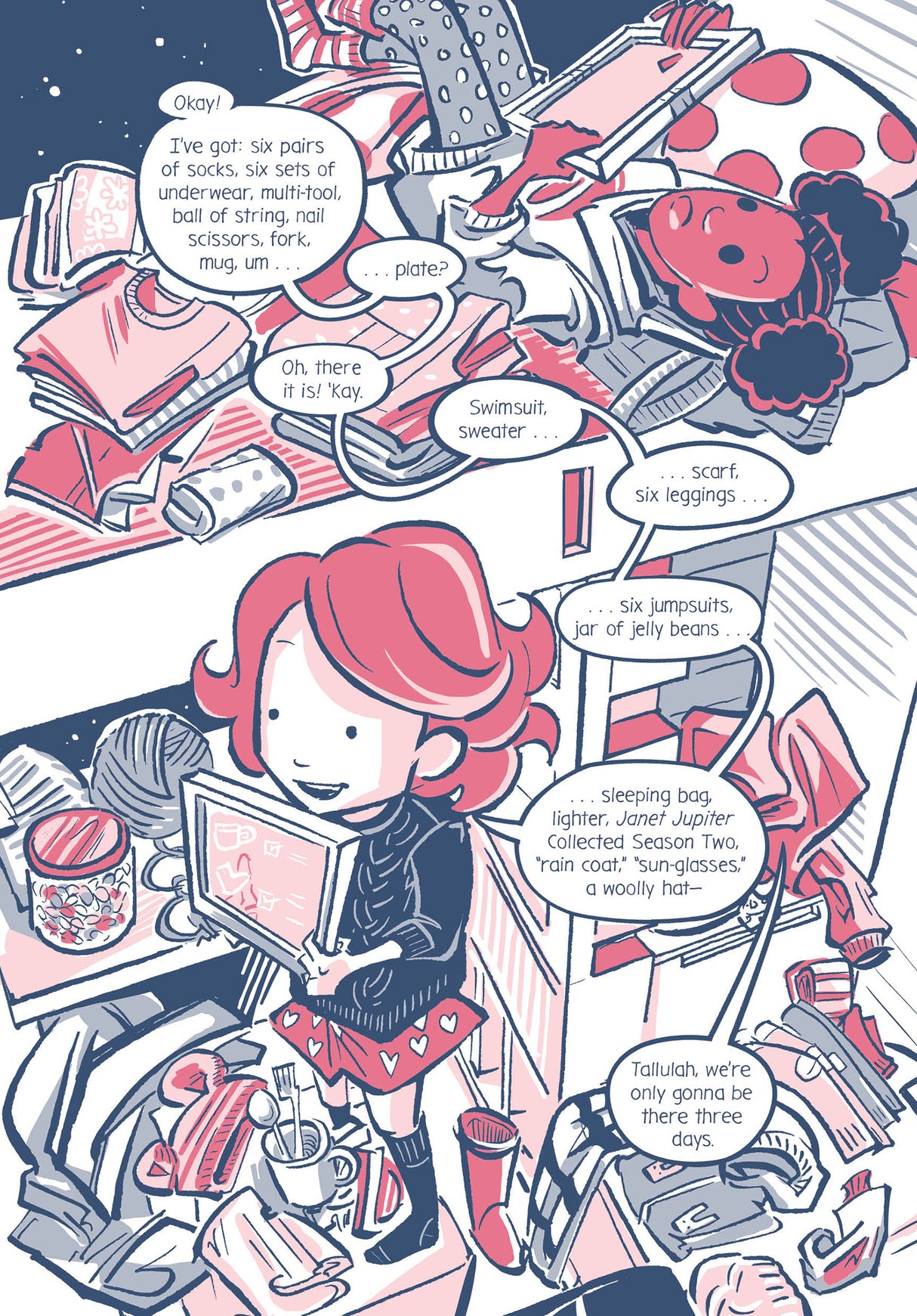 Illustration from Sanity and Tallulah: Field Trip #2 showing characters packing essentials for their space adventure.